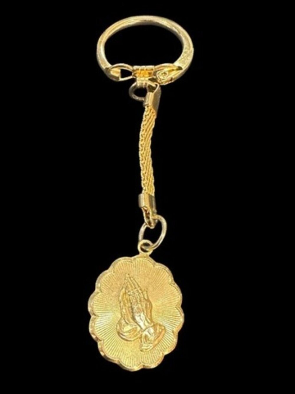 Vintage Gold Tone Serenity Prayer Keychain With Praying Hands Medallion Keyring